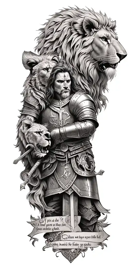 Knight Templar With A Lion And A Warrior Bible Verse Written