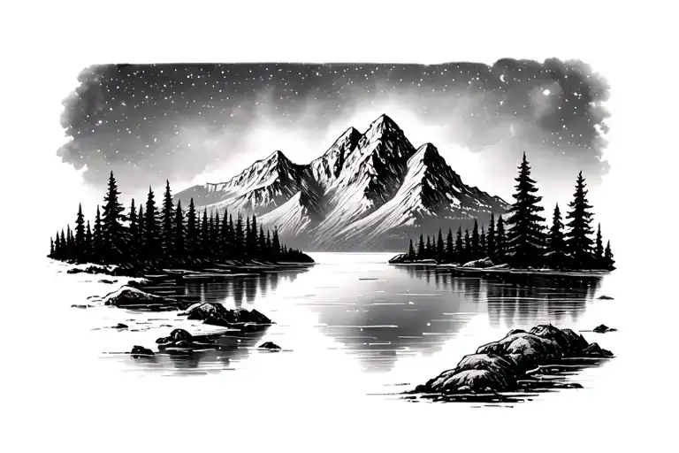 Mountain Range At Night Over A Lake Stars In The Background And Trees