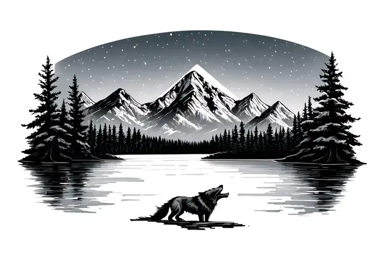 Mountain Range At Night Over A Lake Stars In The Background And Trees With A Wolf Howling
