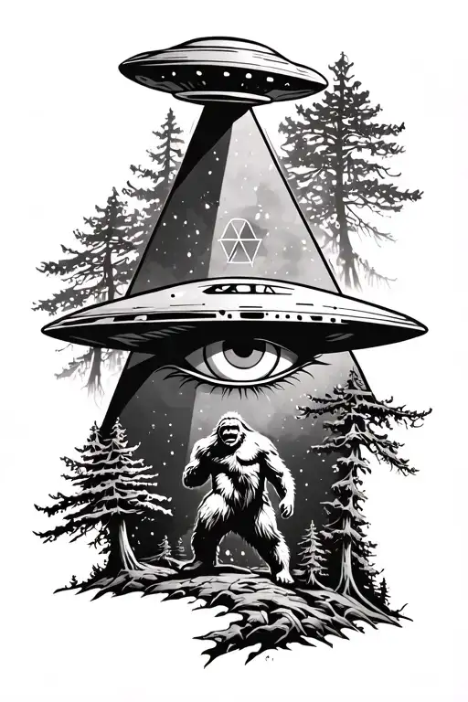 Illuminati Eye Surrounded By Trees And A Ufo Abducting Bigfoot