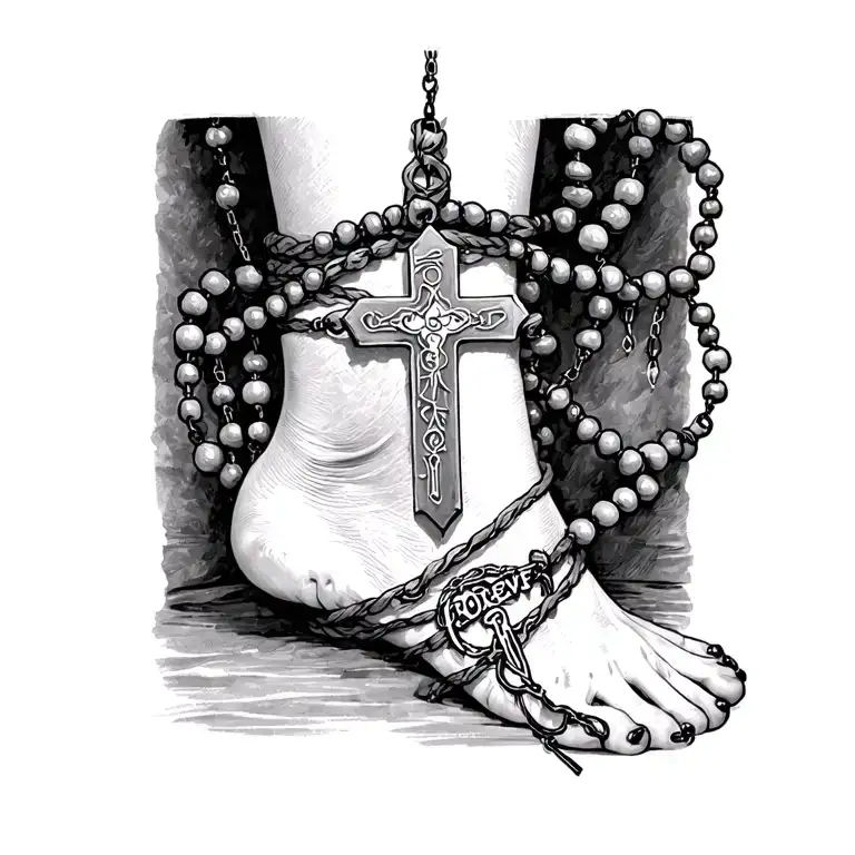 Rosary Beads Wrapping Around Ankle With Small Cross Just Below Ankle With Words Ootb Forever