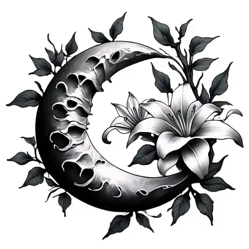 Moon Spine Tattoo With Lilies And Vines Wrapping Around It