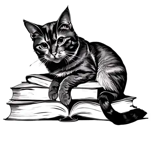 Cat Sitting On Books