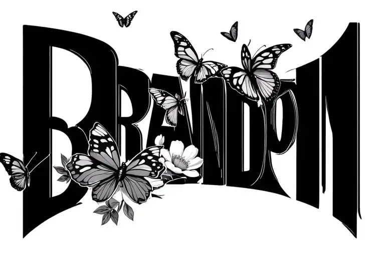 The Name Brandon In Script Font With Several Flying Butterflies Hearts And Flowers