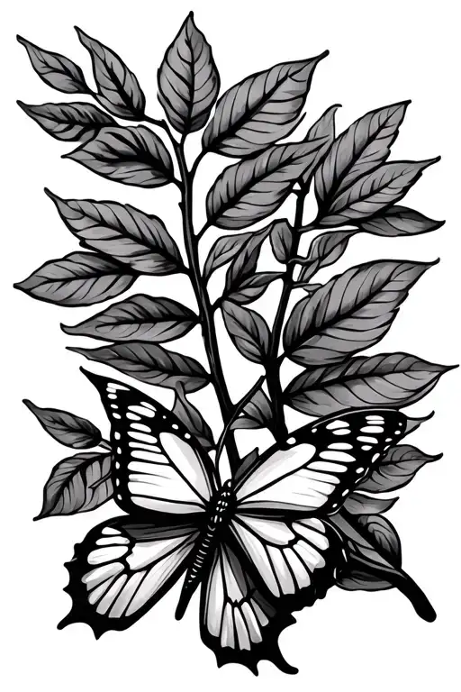 A Thin Branch With Isolated Leaves And A Butterfly Sitting On The Side