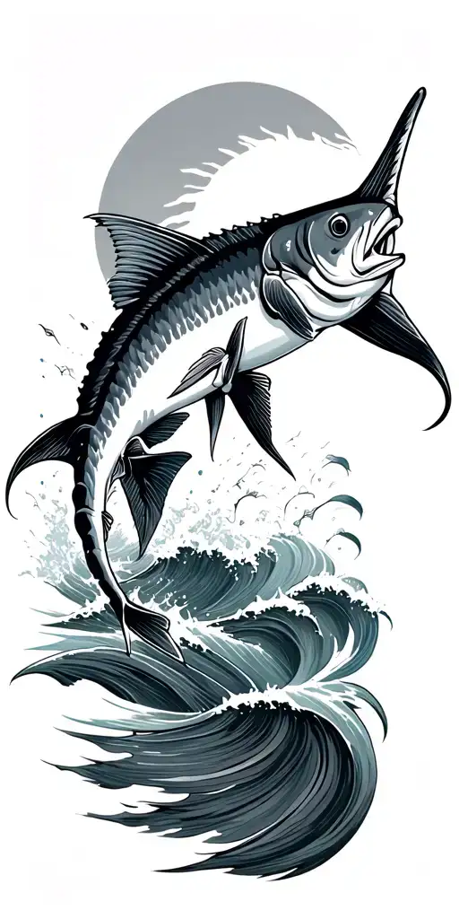 Ocean Waves With Sailfish Jumping With The Sun In Background