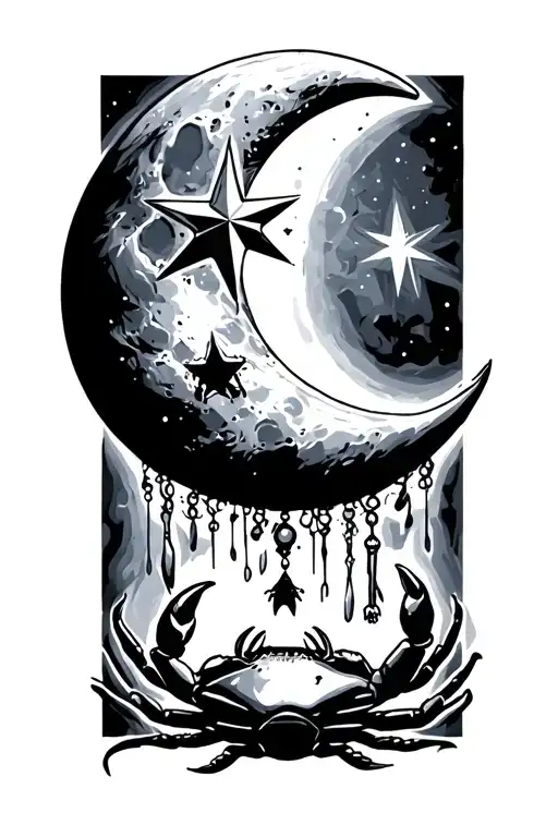 The Moon Crescent With A 5 Point Star Outside The Arc And A Crab Hanging From The Tip