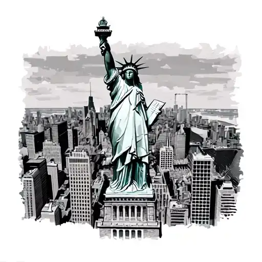 The Statue Of Liberty Behind That The Ny Skyscrapers