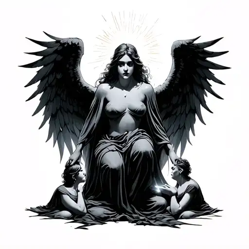 Dark Angel Surrounded By Light Being Worshipped By People On Their Knees