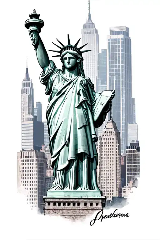 The Statue Of Liberty Behind That The Ny Skyscrapers