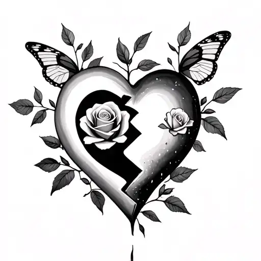 Small Broken Heart With Butter Fly An Roses Growing