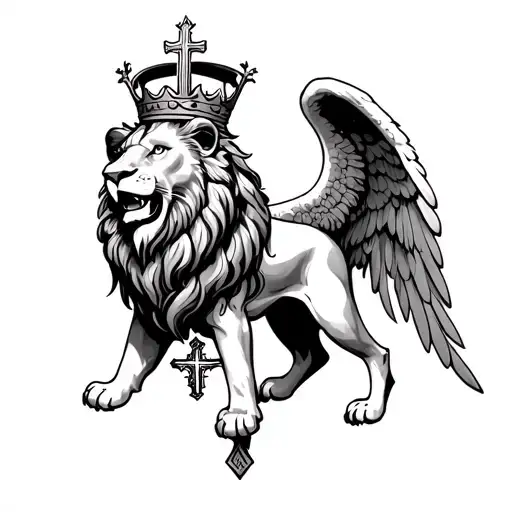 A Lion With A Crown And A Cross Under It On The Calve Then And Archangel On The Shin Half Sleve