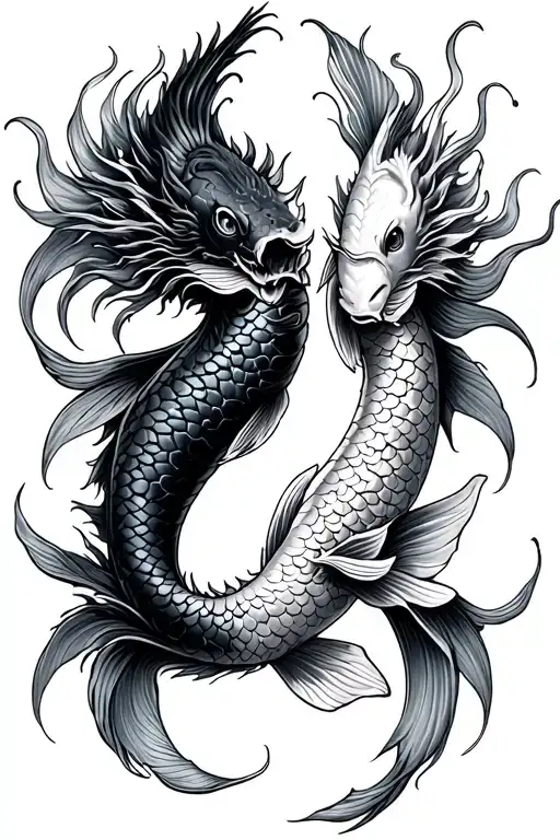 Koi Fish Yin Yang With Dragon Intertwined