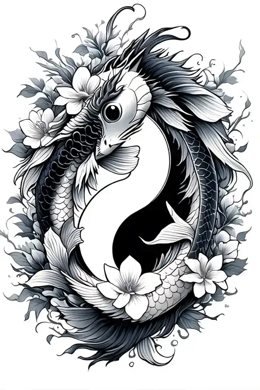 Koi Fish Yin Yang With A Dragon And Flowers In A Cohesive Scene