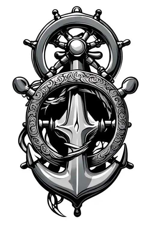 Ships Anchor With Ship Helm And Added Japanese Traditional