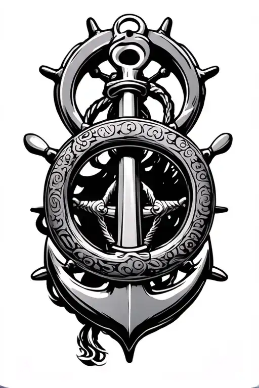 Ships Anchor With Ship Helm And Added Japanese Traditional