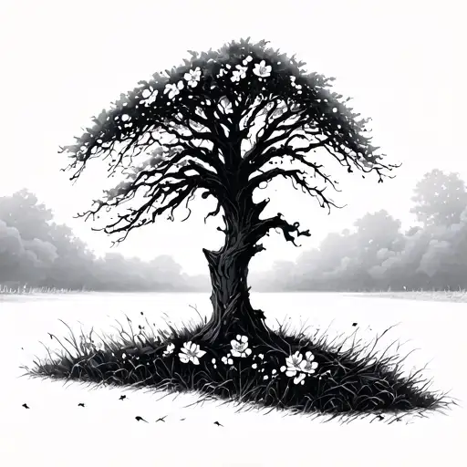 Blossoms Of Grief And Charity In A Barren Field With A Blackened Tree