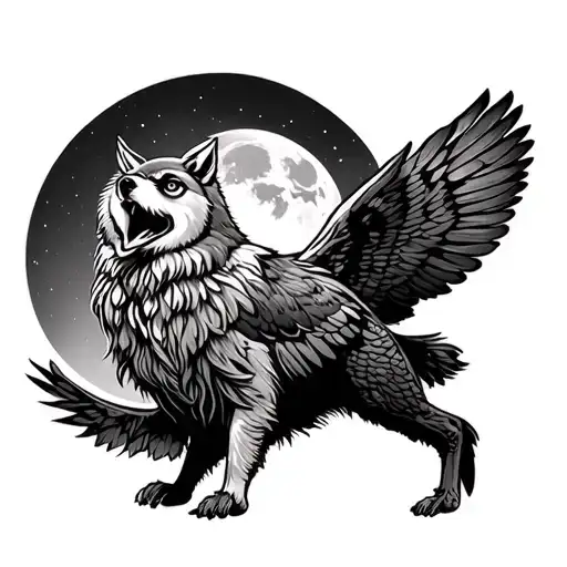 Wolf Howling At The Moon And Owl