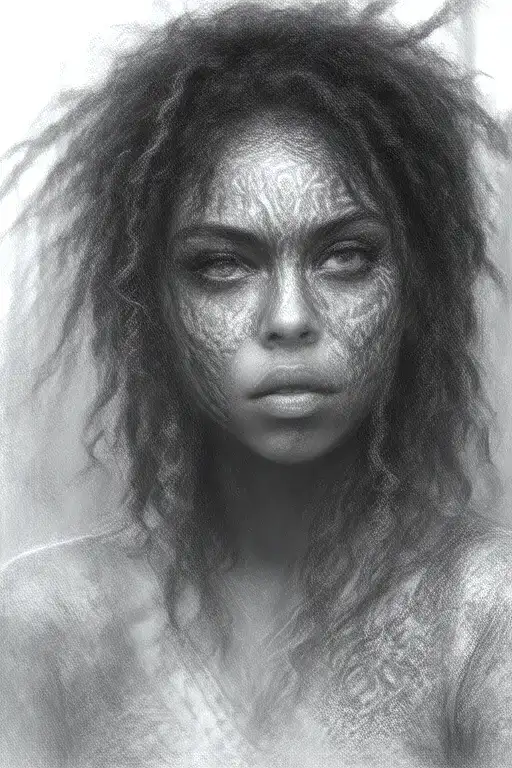 Black Woman With Dreadlocks And African Tribal Face Painting Surrounded By Nature