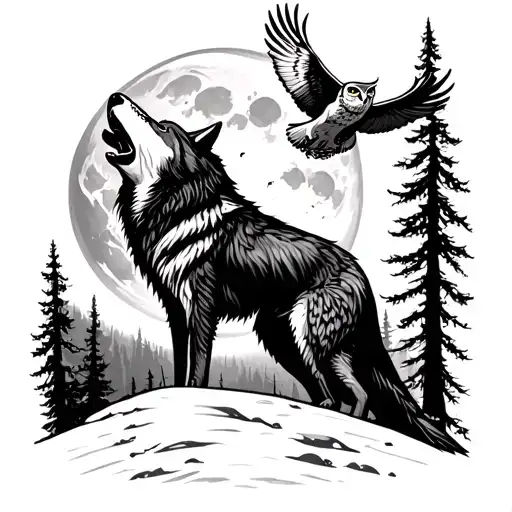 Wolf Howling At The Moon In The Forest At The Edge Of The Cliff While The Owl Is Flying In The Sky
