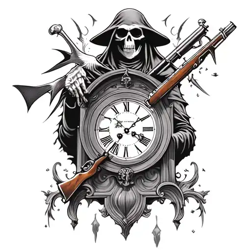 Grim Reaper Holding 22 Marlin Rifle Grandfather Clock