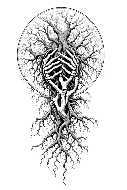 Intertwining Roots With Skeletal Hands Reaching On The Top From The Bottom