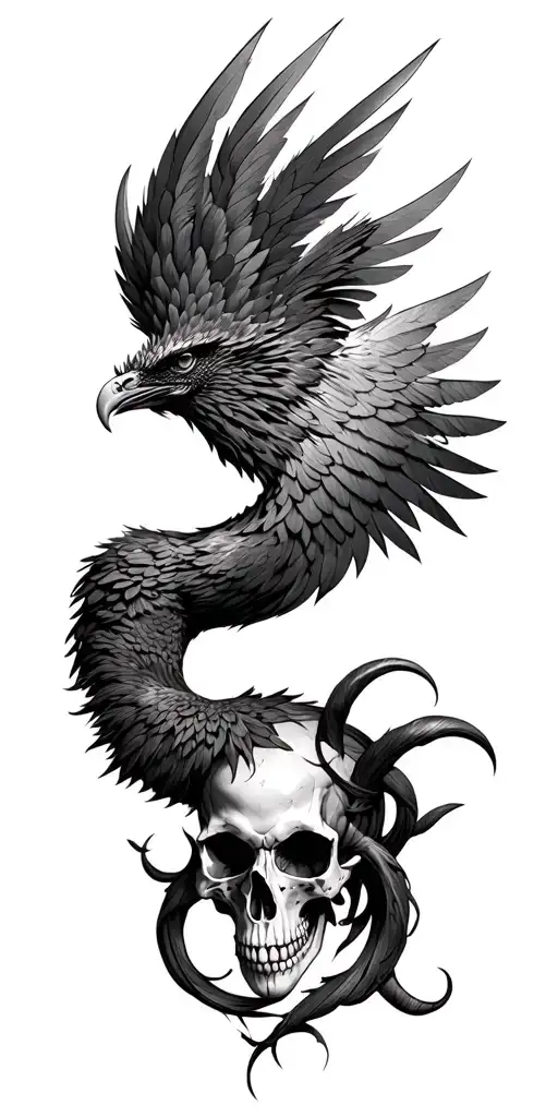 Realistic Phoenix Head With Wing Under And Skull With Horns With Phoenix Talon On Top