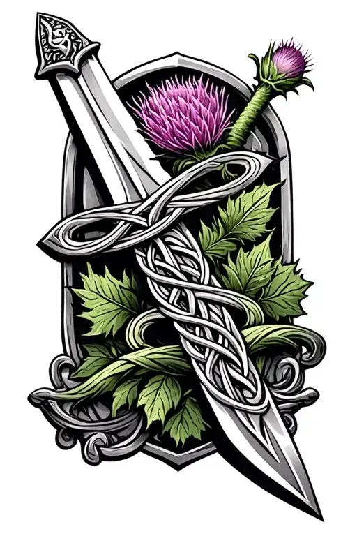 Celtic Sword Intertwined With Thistle Badge Etched