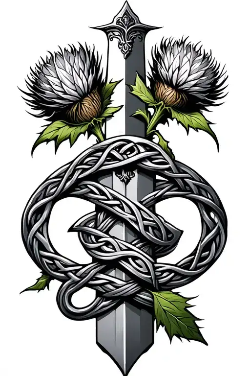 Celtic Sword Intertwined With Thistle Tied Together