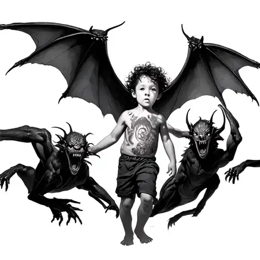 A Child Surrounded By Demons Flying