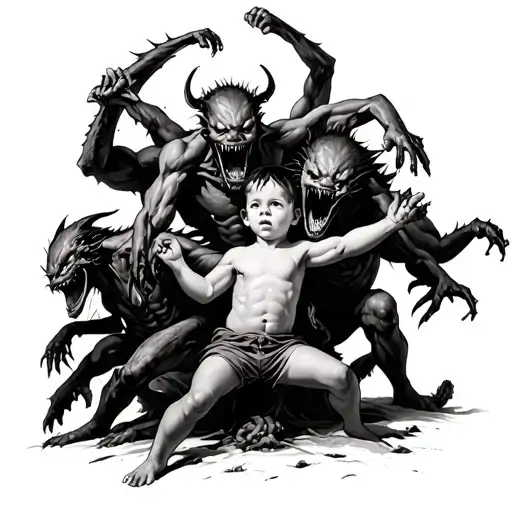 A Child Surrounded By Demons Fighting
