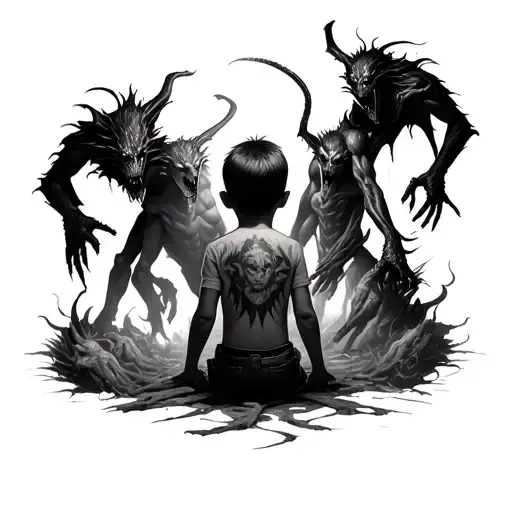 A Child With His Back Turned Surrounded By Demons