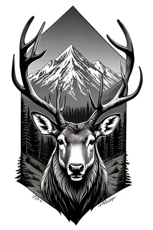 Stag Head With Mountain In Background And Forrest Trees