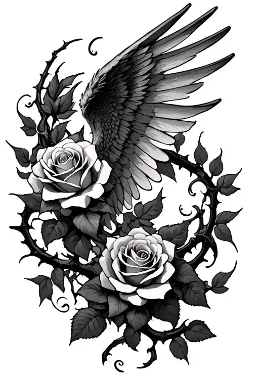 Roses On Thorns Vines Tattoo Wrapping A Demon Wing Arm And Shoulder