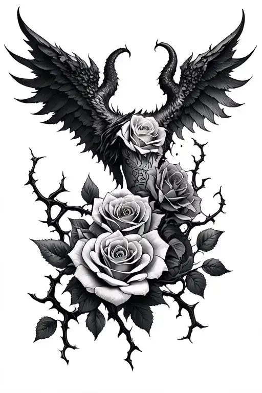 Roses On Thorns Vines Tattoo Wrapping A Demon Wing Arm And Shoulder