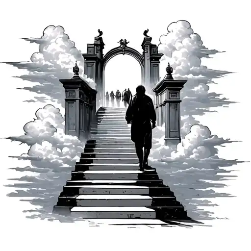 Stair Way To Heaven Gates With Clouds And People Walking Up