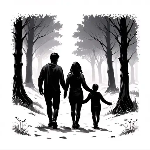 Family Of 4 Walking Through Forest Scene
