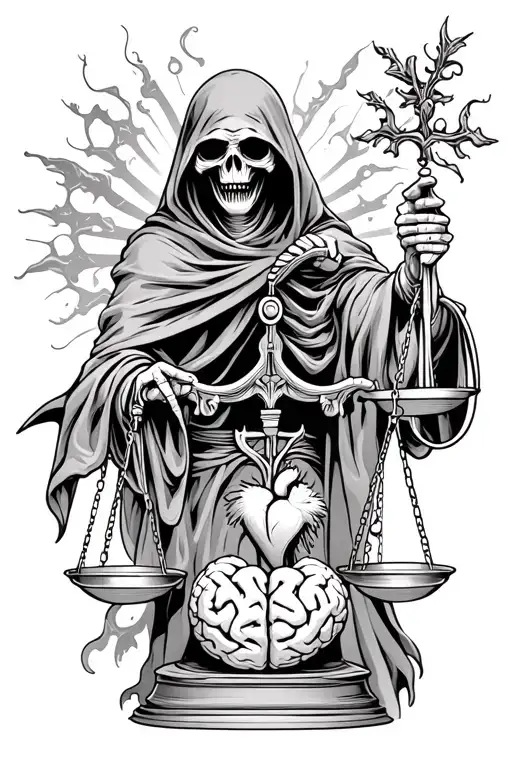 Grim Reaper Holding A Scale With A Brain And Heart Displayed On The Scales
