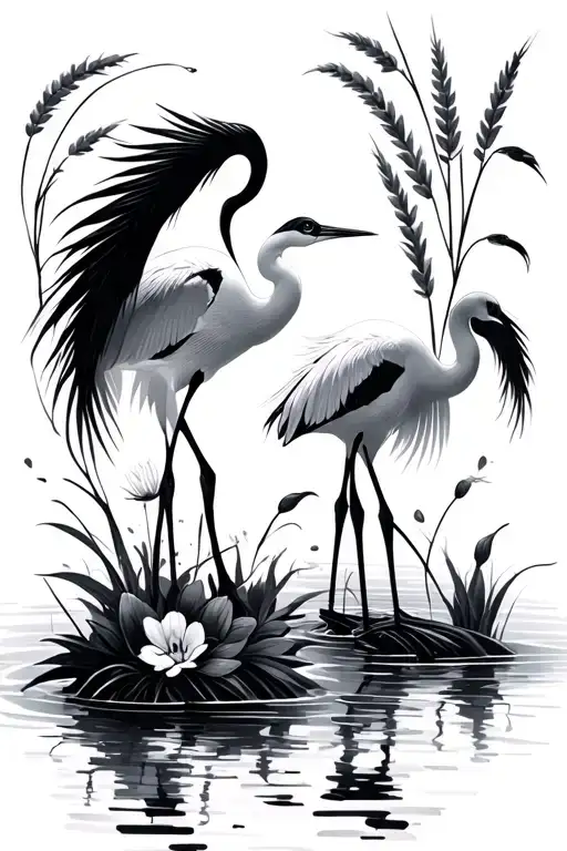 Two Cranes In The Water With Reed Flower