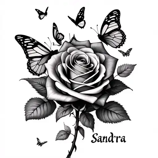 Roses With Name Sandra In The Stem With Butterflys Everywhere
