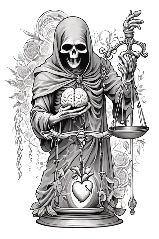 Grim Reaper Holding A Scale With A Brain And Heart Displayed On The Scales