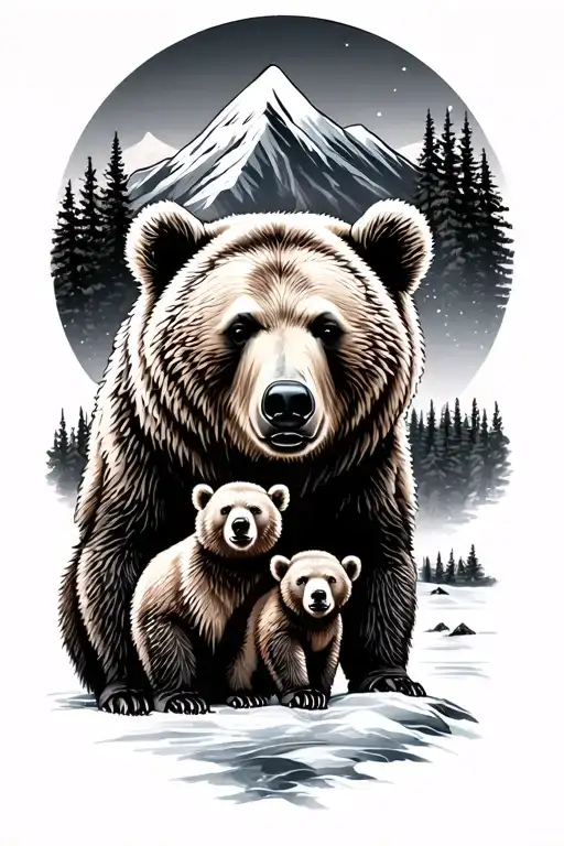 Grizzly Bear And Bear Cub Mountain Scene