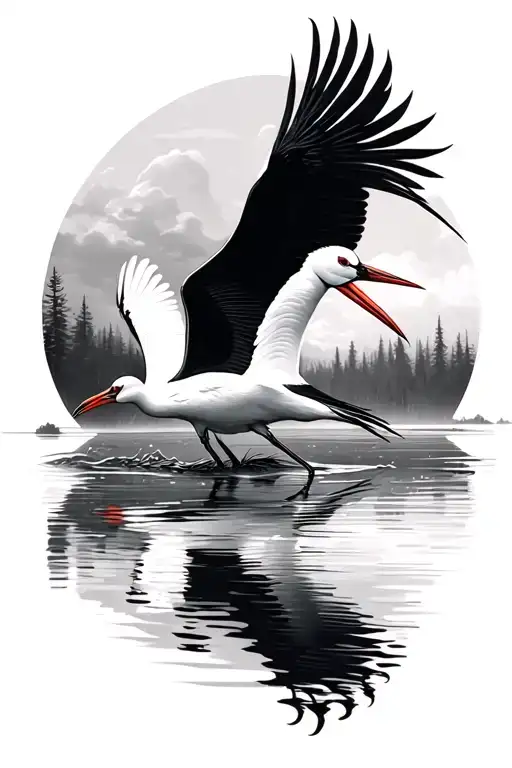 Two Siberian Cranes In The Water With A Cinematic Scenary