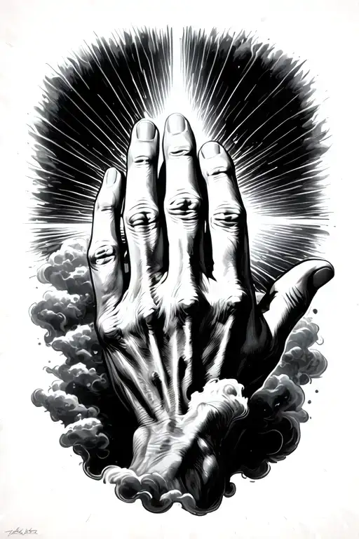 The Hand Of God And Adam Surronded Of Cluds And Solar Rays