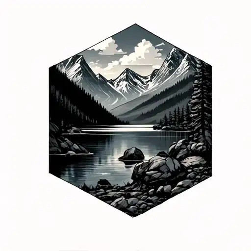 Hexagons Showing A Lake And Mountain Landscape Throughthem