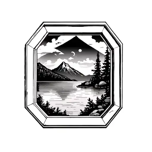 Hexagonal Windows Showing A Lake And Mountain Landscape Throughthem