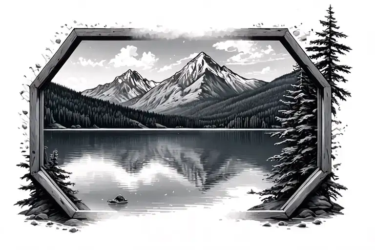 Hexagonal Windows Showing A Lake And Mountain Landscape Throughthem