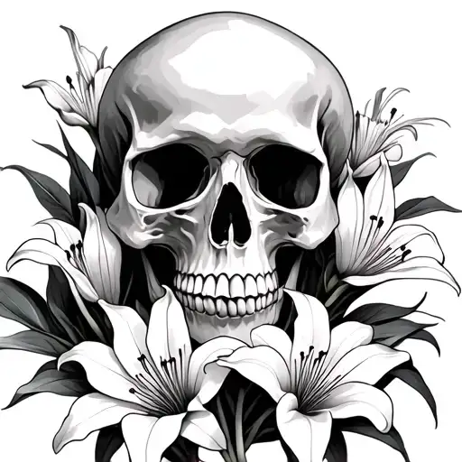 A Memento Mori Skull Surrounded By Nine Lilies