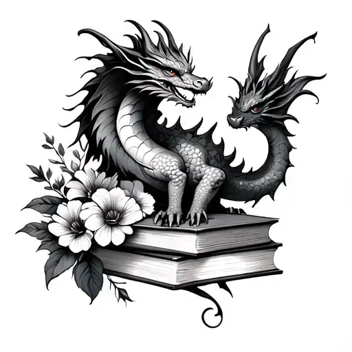 Feminine Dragon With Books And Flowers