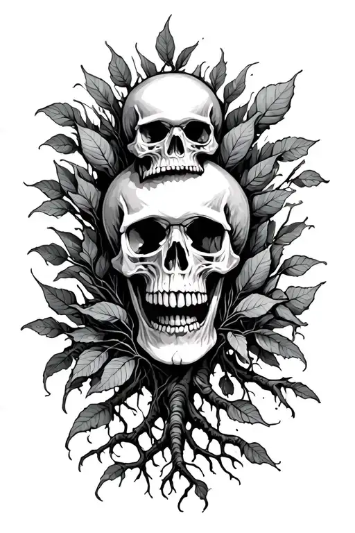 Scale With Skulls In Background And Surrounded By Leafy Roots